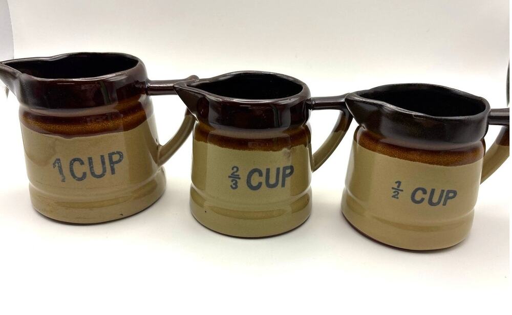 Vintage Brown Glazed Stoneware Pitchers Measuring Cups Set of 3 Kitchen Decor